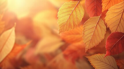 Fototapeta premium Autumn forest concept. Close-up of colorful autumn leaves glowing in warm sunlight.