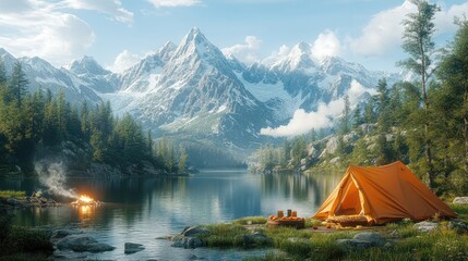 Majestic mountain lake campsite with tent, fire, and stunning alpine scenery.