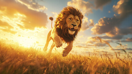 running lion during sunset in a grassfield with a eye-level angle 