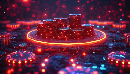 Illuminated Casino Chips on a Glowing Platform