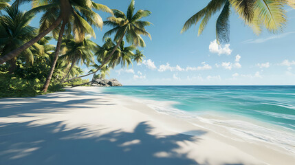 Obraz premium Serene Tropical Beach: White Sand, Palm Trees, and Azure Ocean