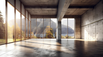 Modern minimalist interior space with large windows revealing stunning mountain landscape and natural light, perfect for open concept living or office design inspiration