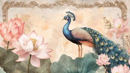 94.Soft and minimalistic design featuring a Mughal-style frame with lotus, peacock, and marigold elements in pastel tones, creating a graceful, calm aesthetic for wall art.