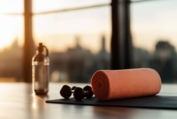 Fitness equipment ready for morning workout at sunrise