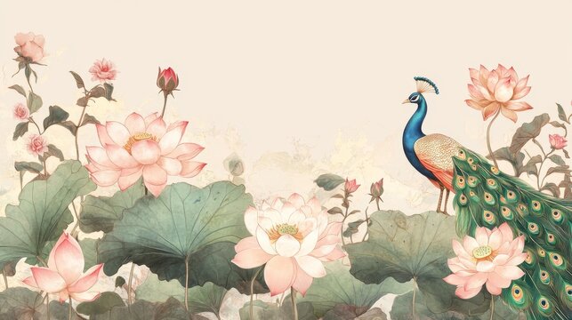 83.An ornate vintage Chinese floral border illustration featuring soft pink lotus flowers, roses, and vibrant peacock birds, all arranged in a continuous, harmonious pattern with delicate green