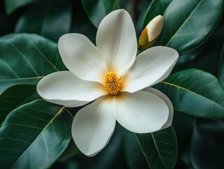 close-up of a white magnolia flower with green leaves