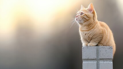 Orange Cat Sitting on a Wall with Dreamy Background