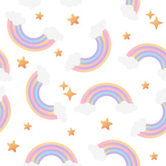 Pastel gradient rainbow and stars seamless pattern on white background. Magic print for textile, fabric, wrapping paper