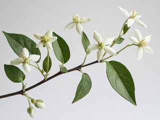 Obraz premium close-up of a flowering branch with white blossoms and green leaves