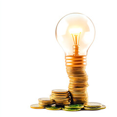 Conceptual image of a light bulb atop a stack of coins, symbolizing ideas and financial growth.