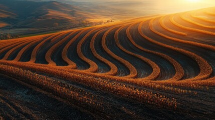 Fototapeta premium Golden Hour Harvest: Rolling Hills of Ripened Crops at Sunset