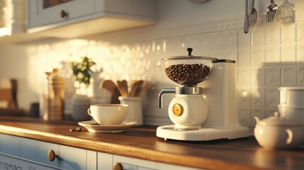 Modern Kitchen with Coffee Grinder and Cup in Soft Morning Light, Showcasing a Cozy Atmosphere with Vibrant Colors and Contemporary Design Elements for Culinary Enthusiasts
