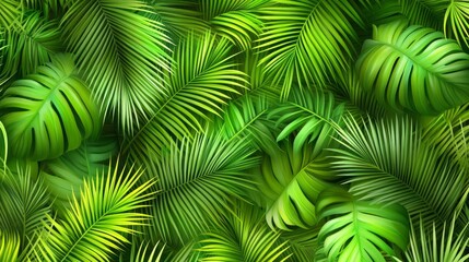 Naklejka premium 22.A seamless vector pattern with tropical palm leaves in realistic shades of green, designed in a vintage style. The foliage is intricately detailed, with overlapping leaves and soft shading,