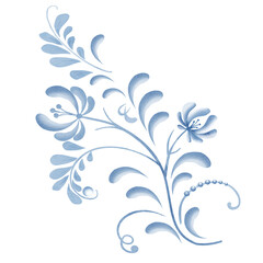 Graceful blue twigs and berries, beautiful flowers and leaves. Russian style ornament element isolated on background. Watercolor illustration in digital. Traditional, folk floral motif.