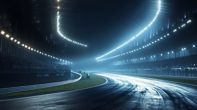 A winding racecourse lined with stands and illuminated by spotlights. The digital background depicts the exhilarating atmosphere of a racing event.
