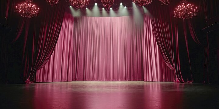 Elegant Stage with Red Curtains and Chandels in Theater Setting