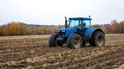 Obraz premium Blue Tractor Plowing Fields Under Gray Sky in Autumn Landscape with Brown Soil and Trees in Background