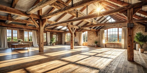 Sunlit Loft Space with Exposed Wooden Beams and Hardwood Floors