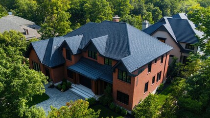 Luxury Suburban Home with Slate Roof: An Aerial View of Residential Architecture