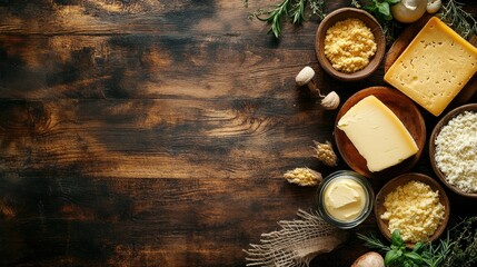 Assortment of dairy products on rustic wooden background with copy space. Cheese, butter, and other dairy delights arranged beautifully on a dark wooden table, creating a visually appealing scene.