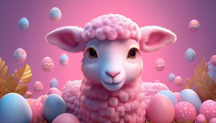 3d Cartoon sweet pink Easter lamb poster, art cartoon design