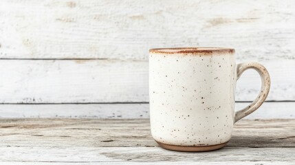 Rustic Ceramic Mug on Wooden Table Against Weathered Background, Perfect for Coffee, Tea, or Hot Beverages, Evoking Cozy, Homely Vibes and Minimalist Style