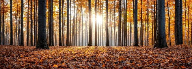 Autumn forest concept. A serene autumn forest with vibrant leaves illuminated by warm sunlight.