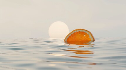 A fresh orange slice half-submerged in water, isolated on a white background.