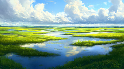 Serene Marsh Landscape: Stunning Water Reflections and Lush Greenery