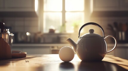 Serene Morning Scene Featuring a Whimsical Teapot and a Single Egg Illuminated by Soft Natural Light in a Cozy Kitchen