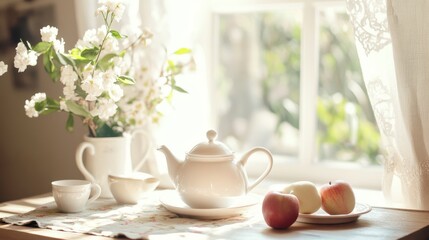 Serene Morning Tea Setup with White Ceramics, Fresh Apples, and Blossoming Flowers by the Window in Soft Natural Light