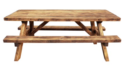 Wooden Picnic Table with Benches Isolated on White Background