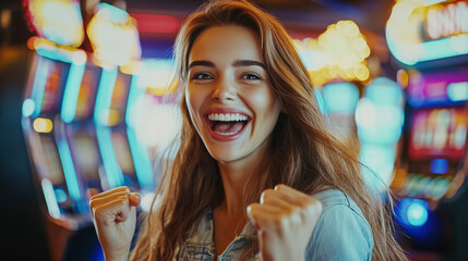 Excited young woman celebrating a win in a vibrant casino atmosphere with colorful slot machines around