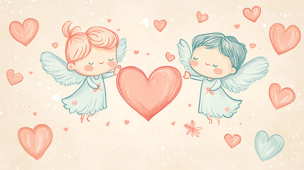 Valentine's card with cute illustrations of hearts and cupids, pastel color tones, and playful handwritten fonts 