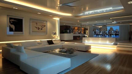 Obraz premium Modern Luxury Living Room Interior Design with Cityscape View