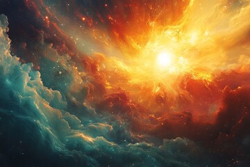 Naklejka premium Cosmic explosions creating radiant, energetic abstract depth. Generative AI