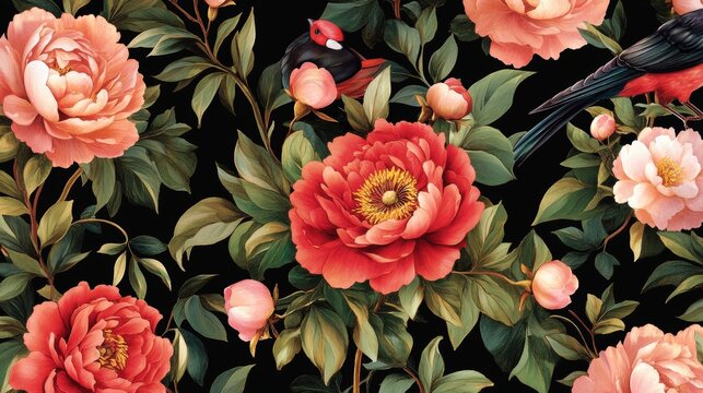88.Delicate Chinoiserie mural design with vibrant peonies and charming birds set among leafy branches, presented in a balanced, symmetrical pattern that embodies traditional artistry and refined