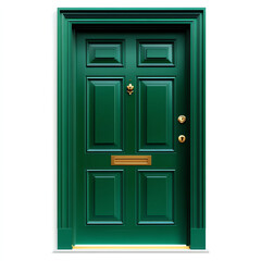 Elegant green door with a golden mail slot, isolated on a white background for design use.