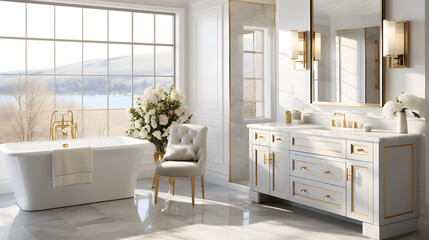 Fototapeta premium Elegant Modern Bathroom with White Décor and Natural Light