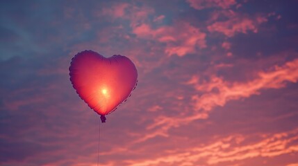 Fototapeta premium A glowing heart-shaped balloon floating in the evening sky with soft pink hues