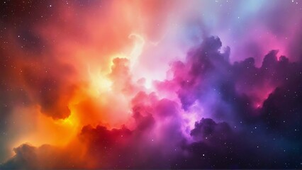 Naklejka premium A vibrant cosmic scene with swirling clouds of colorful nebulae in shades of orange, pink, purple, and blue. The stars dot the background, creating a sense of depth and vastness in space