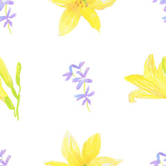 Purple flowers wax crayons seamless pattern on white isolated background. Textural and botanical repeating pattern. Design for textiles, wrapping paper and wallpaper.