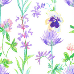 Purple flowers wax crayons seamless pattern on white isolated background. Textural and botanical repeating pattern. Design for textiles, wrapping paper and wallpaper.