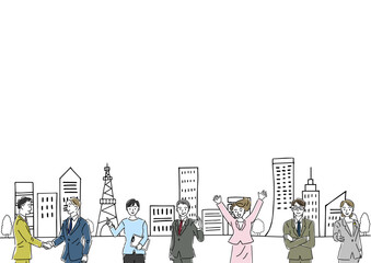 笑顔のビジネスパーソンと街並みの手描き線画