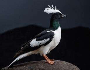 Majestic Black and White Bird with Feathered Crest Perched on a Rock
