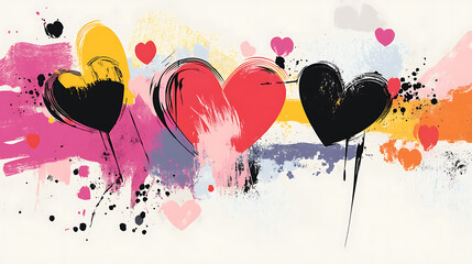 Valentine's card design with a blend of vibrant heart-themed illustrations, modern fonts, and a textured background 