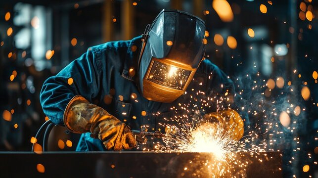 Young adult learning welding techniques in a vocational training center, wearing safety gear and focused on a metal workpiece