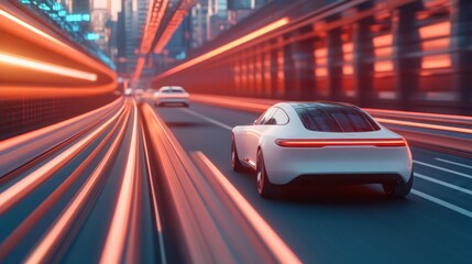 Fototapeta premium Future technology concept. sleek white car speeds through a futuristic cityscape, illuminated by vibrant lights, conveying a sense of motion and modernity.