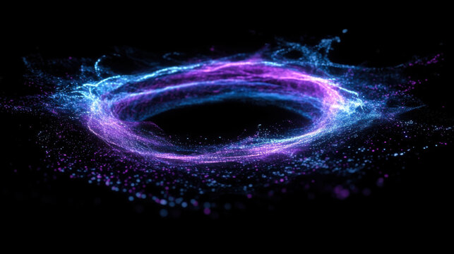 Vibrant cosmic swirl with hues of purple and blue represents the mystery of space and energy in a dark universe filled with stars