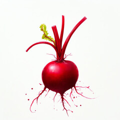 Fresh red radish with green leaves and roots on a white isolated background.